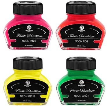 Octopus Fluids Highlighter Ink Set for Fountain Pen - 4x30ml Fluorescent Neon Colours in Glass Bottle - Pigment Ink