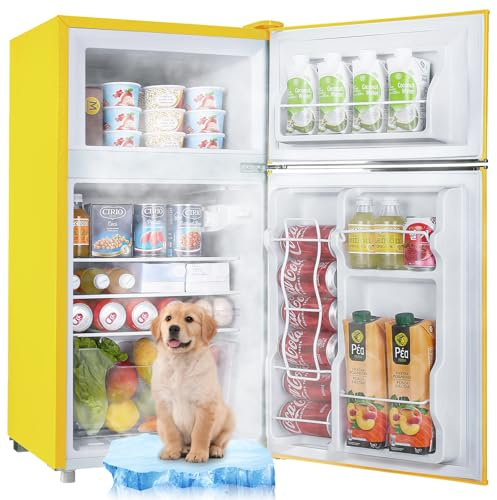 WANAI 3.5 Cu.Ft Retro Refrigerator 2 Door Mini Fridge with Freezer and 2 Handles 7 Level Adjustable Thermostat Control Top-Freezer Refrigerator for Home Dorm Apartment Yellow