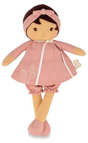 KALOO - Tendresse - Ma 1ère Poupée en Tissu Amandine - Poupée de Chiffon 40 cm - Robe en Mousseline - Peau Mate - Ruban Personnalisable - Dès la Naissance, K200014