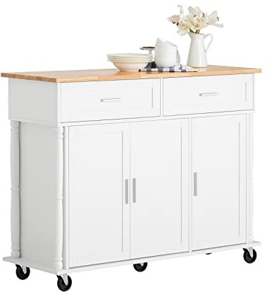 SoBuy FKW116-WN Design Küchenwagen Kücheninsel mit Arbeitsplatte Küchenschrank Servierwagen Sideboard auf Rollen Küchentrolley Rollwagen Weiß BHT ca. 117x91x40cm