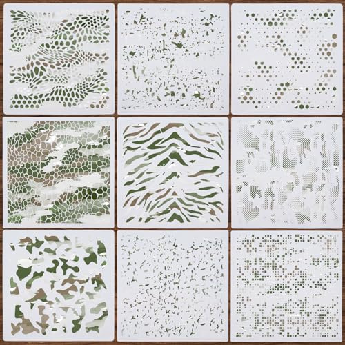 9-Stücke Camo Schablonen für Sprühfarbe, wiederverwendbare Vorlagen, Camouflage Muster Camo Farbe Schablonen für Boot DIY Handwerk (30 * 30cm Camo)