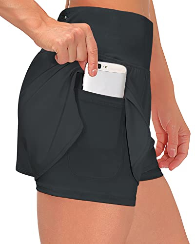 Shorts Damen Sommer Sport Shorts Kurze Hosen 2 in 1 Laufshorts Fitness Sporthose Running Yoga Jogging Beiläufige Elastisch Schnelltrocknende Shorts (A Dunkelgrau1, L)