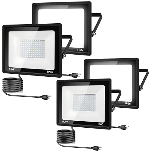 garageangle 4Pack LED Flood Light Outdoor,50W LED Work Light 5500lm with 6FT US Plug,IP66 Waterproof Exterior Security Lights,6000K Daylight White Outside Floodlights Slim Design for Playground Yard
