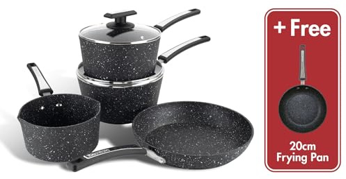 Scoville Xtra 4+1 Piece Cookware Set, Non Stick Pans Set, NEVERSTICK Coated, 16cm Milk Pan, 18/20cm Saucepans with Lids, 20/24cm Frying Pans, Suitable for All Hobs, Aluminium, Black [Amazon Exclusive]