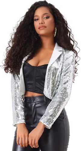 Allegra K Chaqueta de Lentejuelas para Mujer con Cuello de Solapa y Frente Abierto Blazer Corta Disfraz de Halloween Plata M