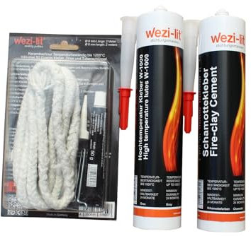Corde de four Ø 6 mm 2 m + colle + mastic d'étanchéité W-1000 + colle réfractaire résistante à la chaleur jusqu'à 1000 °C