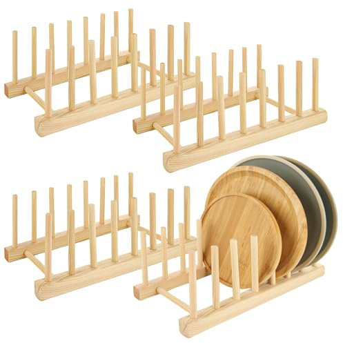 LOPYXBR 4 Piezas Organizador Platos de Bambu con 7 Ranuras, Escurreplatos Madera para Cocina, Soporte Platos Madera para para Platos, Tapas, Tablas de Cortar, Cuencos y Libros, 31x13x10cm