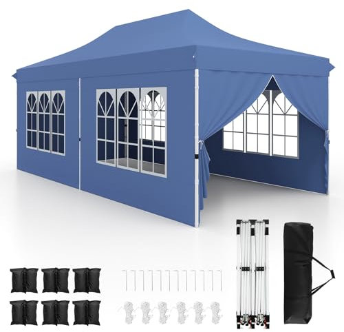 HOMASIS 3x6 M Carpa Plegable, Pop-up Cenador de Jardín Exterior con 6 Paneles Laterales y Ventanas, 3 Alturas Ajustables, Pabellón Gazebo para Bodas, Fiestas (Azul)