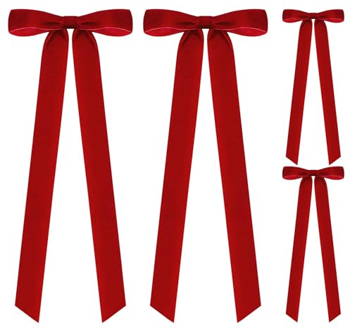 Zourglow 4 Pièces Noeuds de Noël en Velours 60cm, Grands Noeuds en Velours avec Attache, Décorations De Noël pour Sapin, Couronne, Cheminée, Porte D'entrée (Rouges)