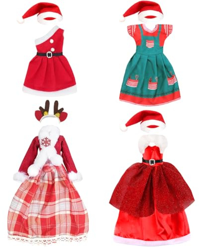 Puppenkleidung Weihnachten, 4 Stück Weihnachten Kleidung für 30 cm Puppen Zubehör, Wichtel Kleidung Miniatur enthält Lange Weihnachtskleider Hüte, Puppenzubehör Weihnachts Winterkleidung