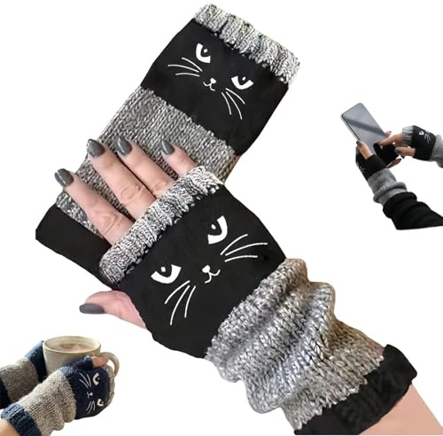 Gestrickte Fingerlose Handschuhe, Katzen Handschuhes, Warme Handschuhes Mit Offenen Fingern, Fingerlose Handschuhe Damen, Kuschelige Handschuhes Für Kaltes Wetter, Stilvolles Accessoire Mit Dehnbare