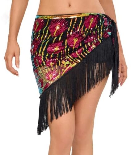 Générique Ceinture Danse Orientale Femme Écharpe de Hanche à Franges et Sequins pour la Danse du Ventre, Belly Dance Soie Foulard à Sequin Écharpe Déguisement pour Représentations de Fête