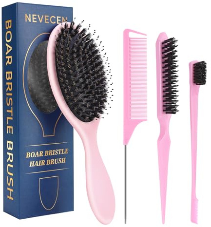Boar Bristle Hair Brush for Women Men - Gentle Detangling Paddle Brush Pink with Nylon & Boar Bristles, Smoothing, Massage & Shine, Reduces Frizz, for Curly, Thick, Thin, Wet or Dry Hair & Extensions