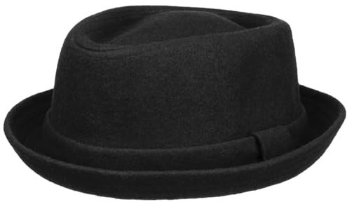 Lipodo Diamond Crown Pork Pie Filzhut Wollhut Fedora Damen Herren Herbst Winter mit Innenfutter schwarz M (56-57 cm)