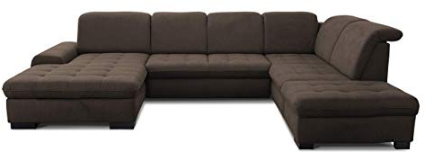 CAVADORE - Divano a U Lexi con chaise-longue XXL, con letto, vano contenitore, vano portaoggetti e poggiatesta, facile rimozione delle macchie grazie al tessuto Soft Clean
