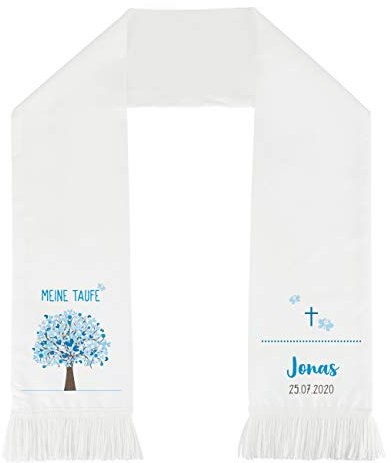 Striefchen® Personalisierter Taufschal mit 116 cm lang Weiß - Lebensbaum Blau