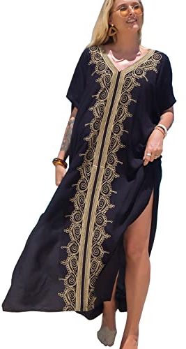 YouKD Broderad och blommig sommarklänning med lös passform i bomull, kaftan och bohemisk stil, strandklänning, bikini-överdrag i stor storlek, för kvinnor