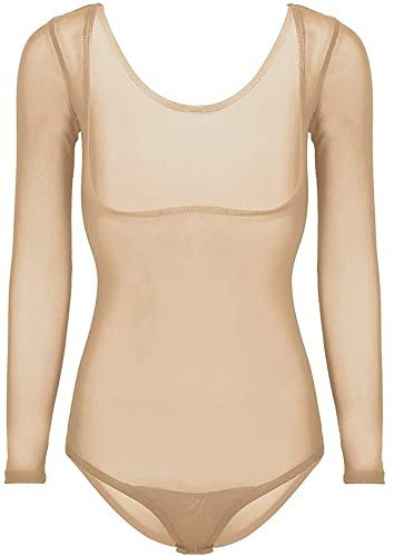Nimiman Body da donna per danza del ventre con maniche lunghe in rete trasparente, Nude, Taglia Unica