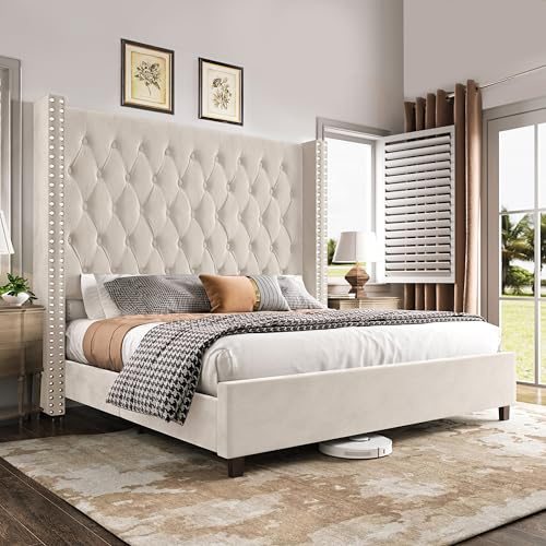 PaPaJet King Size Bed Frame with 61.4 Tall Headboard, Velvet Upholstered Platform and Handmade Deep Button Tufting, No Box Spring Required, Cream