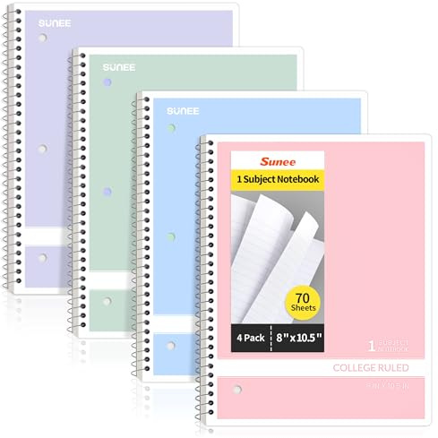 SUNEE Spiral Notebooks College Ruled, 1-Subject, 4 Pack, 8 x 10-1/2 in, 70 Sheets, 3-Hole Punched 70gsm Paper, Pastel Pink, Purple, Blue, Green for School, Home & Office, Writing Journal