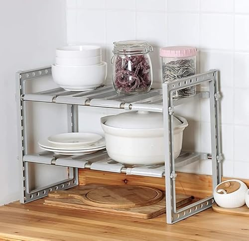 Scaffale Sottolavello Stoviglie– Stoviglie Ripiano PP rack estensibile organizzatore sotto il lavello scaffale espandibile di stoccaggio, 2 livelli, per cucina, bagno-38-70*26*38 cm (grigio)