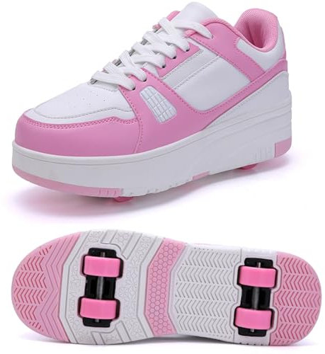 XRDSHY Schuhe mit Rollen für Kinder 4 Rollen Skateboardschuhe Sportschuhe Jungen Mädchen 2 in 1 Multifunktionale Rollschuhe Outdoor-Laufschuhe,Pink-36 EU