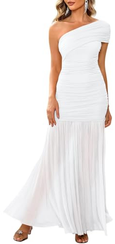 LAGSHIAN Women's Elegant Formal Long Dress One Shoulder Sleeveless Ruched Bodycon Evening Dress White