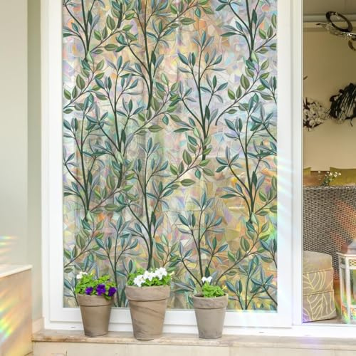 Runtoo Rainbow Plant Leaves Window Decals - 3D Decorative Vinyl Stained Glass - Non-Adhesive Static Cling, 15.75 x 79 inches