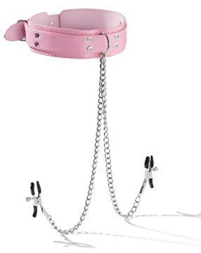 Halsband mit Nippelklemmen Halskette mit Busenketten SM Sexspielzeug aus Kunstleder Öko-Leder rosa