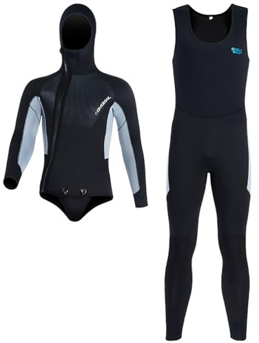 WYYHAA 5mm Neoprene Wetsuit for Men, Two-Piece Spearfishing Diving Suit with Cap Hooded, Front Zipper, Warm, UV Protection for Snorkeling, Scuba,Black,M