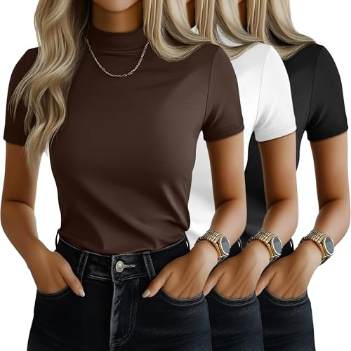 Ficerd - Confezione da 3 Magliette da Donna a Collo Alto, a Maniche Corte, Aderenti, Eleganti e Casual, Ideali per L'Estate(Marrone, Bianco, Nero,S)
