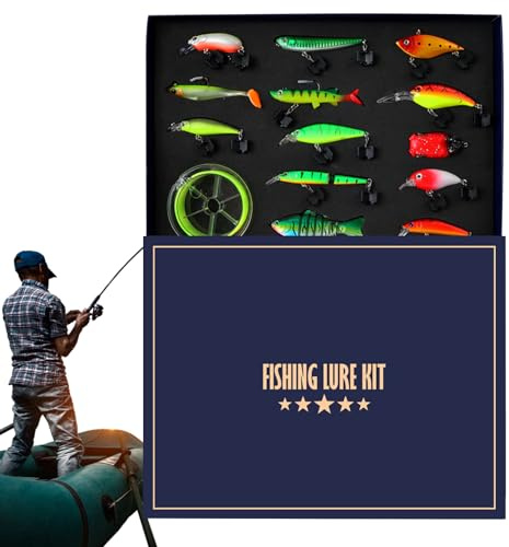 Kit de leurres de pêche – Ensemble cadeau de 14 appâts artificiels et équipement | Coffret cadeau de Noël pour utilisation en eau douce et eau salée, idéal pour une utilisation en extérieur en rivière