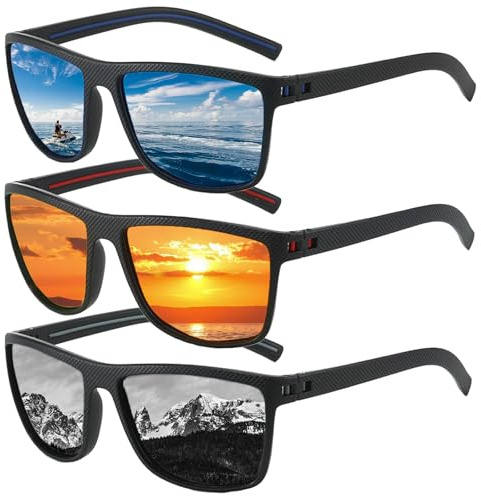 LXEASYGO 3pcs Polarized Sunglasses for Men Women Vintage Sun Glasses UV400 Protection Lightweight Rectangular Eyewear for Outdoors Sports Driving Fishing (Black-Red-Blue)