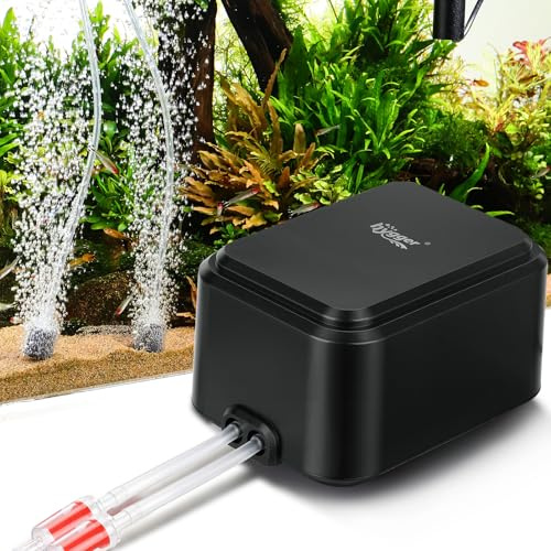 hygger Bomba de aire silenciosa para acuarios <30 dB, de oxígeno de bajo ruido ajustable para acuarios con 2 salidas de aire de ventilación silenciosa (5 Vatios, hasta 568 L)
