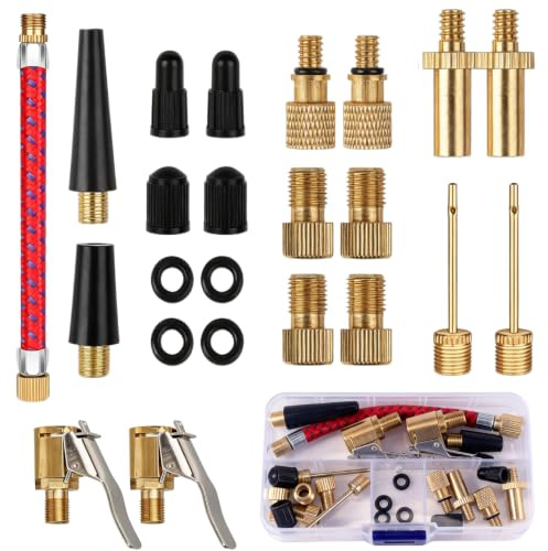 Veebmys 23 Piezas Adaptador Presta Schrader, Kit para Bomba de Aire con Válvula de Coche, Francesa, Aguja para Balón, Cónica y Caja, para Neumáticos, Balones e Inflables