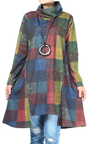 FTCayanz Donna Maglione Vestito Collo Alto Manica Lunga Plaid Pullover Top Blu XL