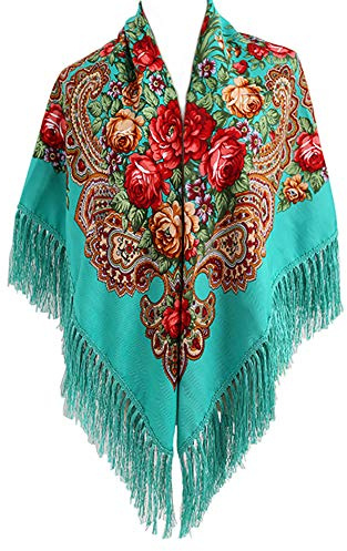 Gudessly - Écharpe à franges traditionnelle pour femme - Châle rétro à motif floral, poncho, vert, taille unique