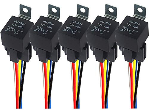 QitinDasen 5 Stycken 5-Stifts Bilrelä, 12V 40A SPDT Automotive Relay med Seleuttag och 14/16 AWG Förkopplad, för Bil Lastbil Båt (Svart)