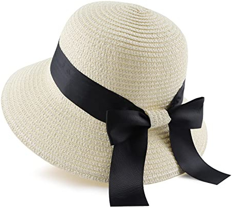 Zsedrut Girl Straw Sun Hat Summer Beach Cap Foldable Visor Floppy Hats Wide Brim with Strap,Big Bowknot,Adjustable Size (White,2-4 Years)