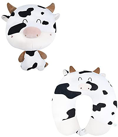 Puwind 2-in-1 Nackenkissen U-förmiges Reisekissen Cartoon-Tierform wandelbares Kissen für Erwachsene und Kinder 1 Stück Kuh