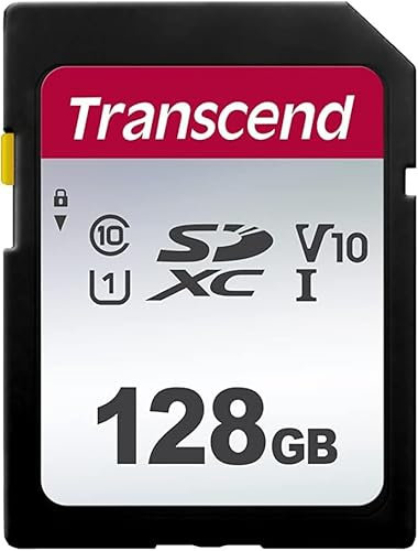 Transcend Tarjeta de Memoria SDXC 128 GB para cámaras Digitales, imágenes y vídeos UHS-I U3, V10 para 4K Ultra HD TS128GSDC300S-E2