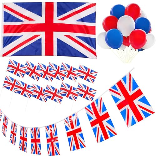 Toyland® Olympics Union Jack Party Pack - 5 fot x 3 fot flagga, 12 handflaggor, 4 m bunting och 30 ballonger - brittiska dekorationer