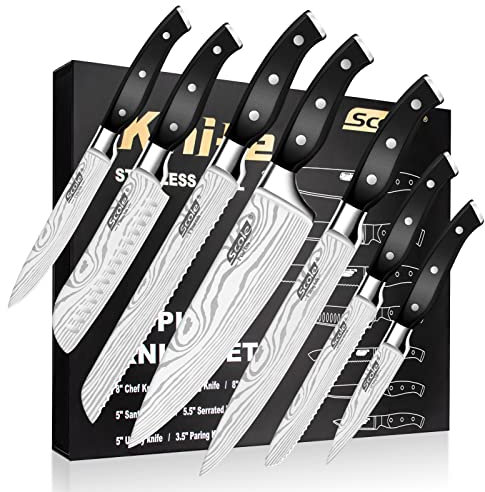 SCOLE® set coltelli da cucina 7 Pezzi in Acciaio Inossidabile Tedesco 1.4116 - Coltelli Professionali da Cucina con Lama Affilata e Manico Ergonomico - Per Carne, Pesce e Verdura - Con Scatola Regalo