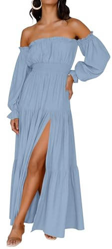 ZESICA Women's Boho Off Shoulder Spring Long Sleeve Dress 2026 High Waist Side Split Sexy Flowy A Line Long Maxi Dresses LightBlue Small