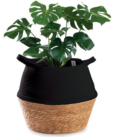 Praknu Cesto Macetero Grande - De Mimbre Hecha de Algas Marinas Sostenibles y Algodón - Cubre Macetas para Plantas de Interior y Cesta Decorativa - con Asas (Negro)
