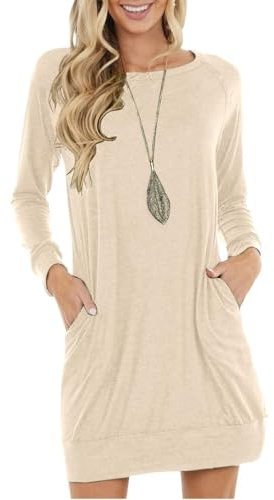 PrinStory - Mini abito invernale da donna, a maniche lunghe, casual, lavorato a maglia, pullover, tunica, top basic con tasche laterali, Beige, L