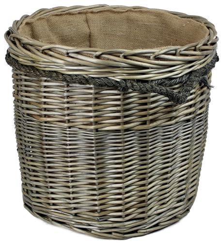 Range of large Antique grey Wicker log baskets. Rope handles. Wood & kindling storage for fireplace. Or shoes toys washing clothes bin (58 litres, Round)