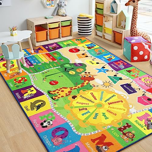 Chicrug Educational Kid Area Rug for Playroom, 5x7 Feet TPR Non Slip Kids Classroom Carpet Rug for Learning ABC Animal, Shape Color Fruit, Washable Play Mat Rug for Children Nursery Toddler Room Decor