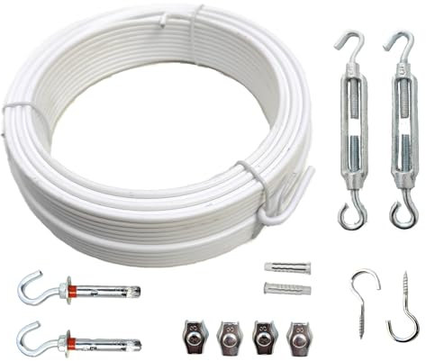 Quercos Kit Fil de Tension PVC Blanc – 10m avec Tendeurs & Chevilles Métalliques – Idéal pour Tendeurs à Linge, Bricolage & Jardin – Résistant aux Intempéries