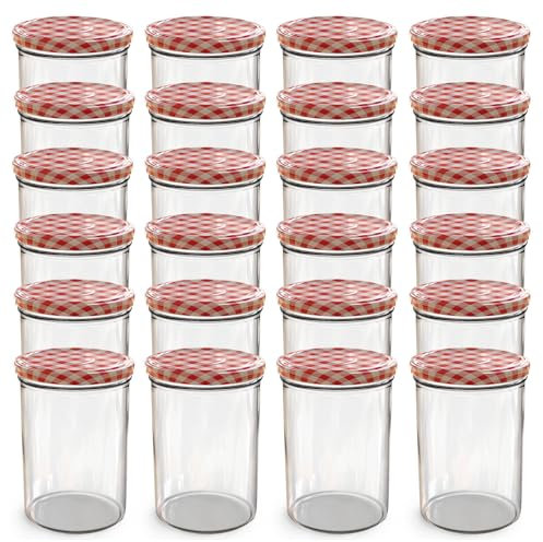 Oputec Lot de 24 bocaux de 440 ml avec couvercle à visser TO 82 rouge à carreaux – Parfait pour les confitures, les confitures et plus encore, grands bocaux avec couvercle, idéal comme pots à